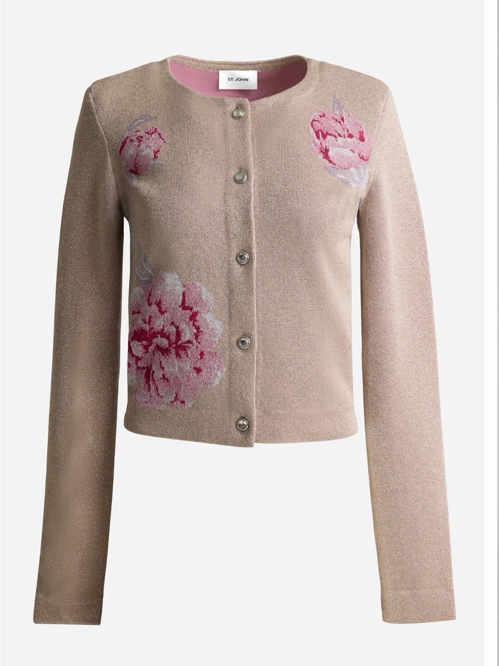 St. John Beige Crewneck Cardigan w Pink Floral Intarsia RENEE JACKET IN METALLIC